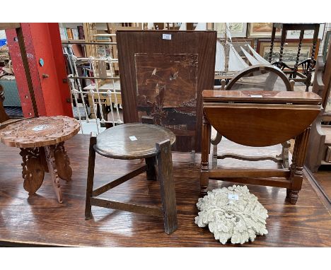 An anglo Indian carved and inlaid occasional table together with a fire screen, folding table, toilet mirror, jardiniere stan