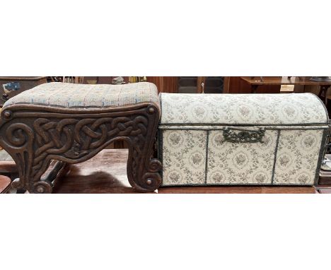 A carved oak stool decorated with Celtic inspired decoration, together with an upholstered domed trunk