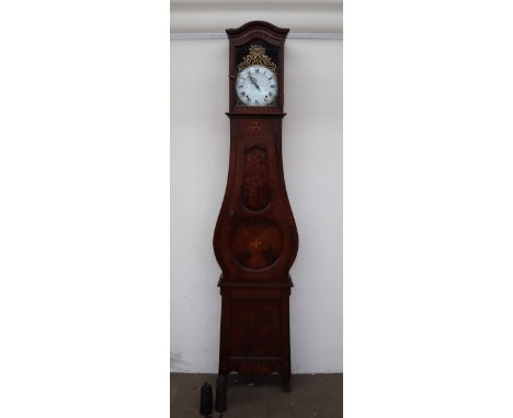 A French 19th century walnut and marquetry comtoise clock, the arched hood above a bombe trunk with panelled door, on a taper