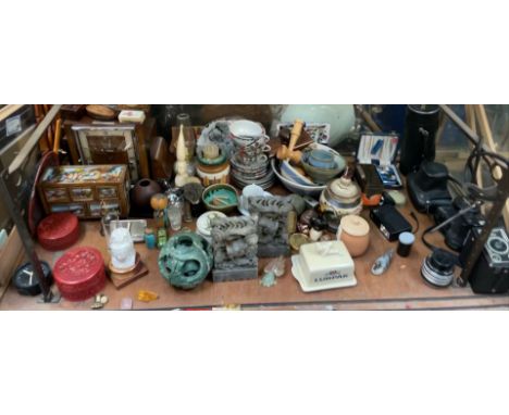 A walnut mantle clock, together with a Japanese party tea set, cloisonne enamel, Chinese soapstone puzzle ball, Soapstone boo