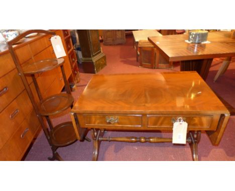 A mahogany sofa table having two short drawers together with a folding mahogany cakestand 