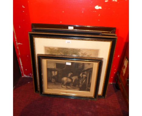 A pair of 19th century angling prints, two others in ebonised frames and a print of hens and chicks 