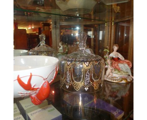 A Carlton Ware bowl decorated with lobsters together with a Capo Di Monte figure and an enamelled glass cover 