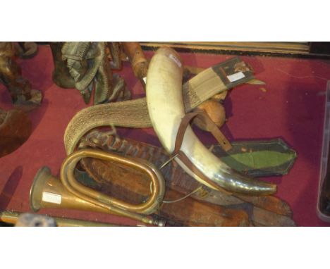 A collection of antique items to include cartridge belt, antelope's horn, morning star, Spanish sword and a bugle (qty)
