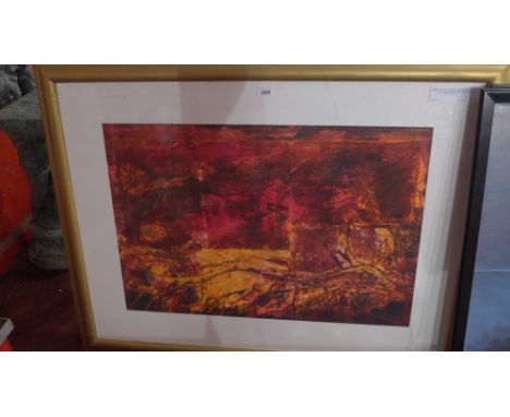 A contemporary artists proof collagraph red abstract print, with label verso bearing the name Colin Price, in a gilt frame 