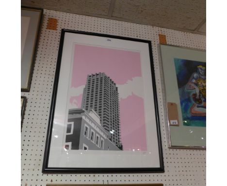 Neil McNamara, a contemporary limited edition screen print depicting a tower block with a pink sky 5/24 signed and framed 