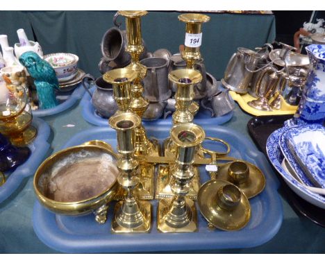 A Tray of Brass Ware to Include Four Pairs of Candle Stick, Glass Bowl Etc