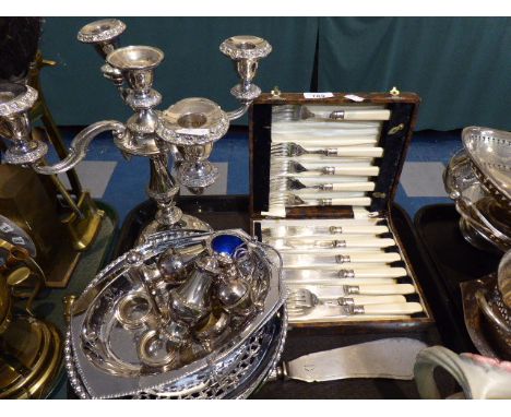 A Tray of Silver Plate to Include Cruet Set, Four Branch Candelabra, Fish Knife and Fork Set etc  