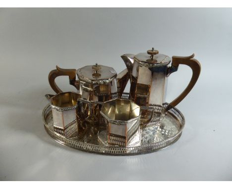 A Silver Plated Four Piece Tea Service on Oval Gallery Tray 