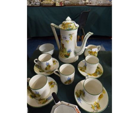 A Part Coffee Service by James Kent Cottage Garden Pattern, Comprising Four Cans and Saucers, Coffee Pot, Sugar and Cream and