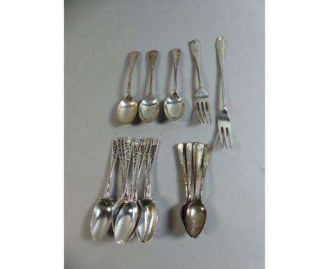 A Tub Containing Various Silver Flatware, Teaspoons, Pickle Forks Etc