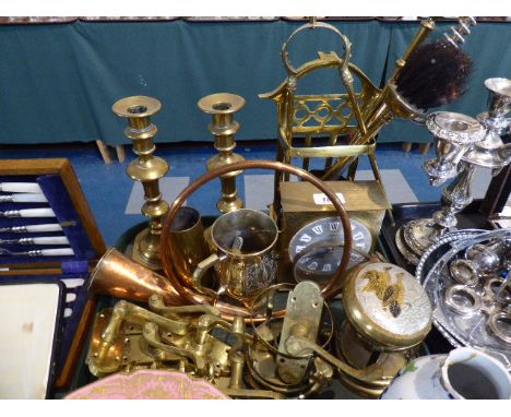 A Collection of Brass Ware to Include Fire Companion Set, Pair of Candle Sticks, Copper French Hunting Horn, Door Handles 