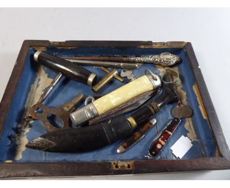 A Small Collection of Curios to Include Pen Knives, Cork Screw, Silver Handled Button Hook, Miniature Pen Knife 
