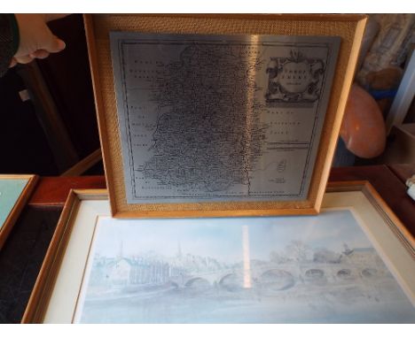 A Framed Stainless Steel Etching Map of Shropshire and a Limited Edition Print English Bridge Shrewsbury 