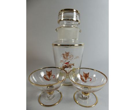 A Glass Decanter and Two Drinking Glass Set, Decorated with Fox 