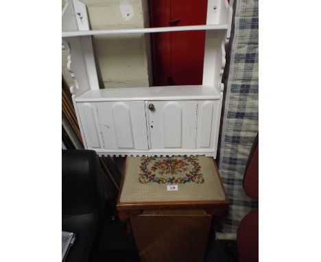 A Collection of Items to Include Curtain Poles, Painted Shelf Unit, Tapestry Topped Stool and Shelf 