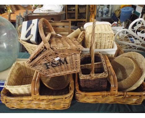 A Collection of Various Wicker Baskets, Wooden Rolling Pin