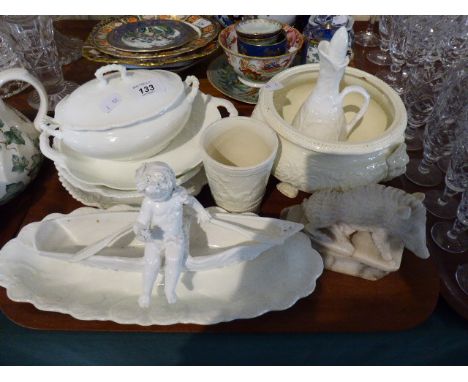 A Collection of Cream Ware to Include Cherub in Rowing Boat, Hunting Mug, Lidded Tureen, Vinegar Bottle Together with Alabast