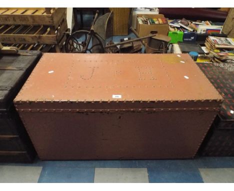 A Pine Pink Painted Travelling Trunk Monogrammed JH in Brass Studs, 91cm Long