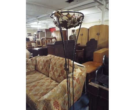 A Metal Tripod Standard Lamp with Gilded Leaf Decoration, 165cm high 