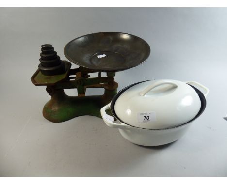 A Set of Vintage Enamelled Vintage Scales and a Enamelled Oval Cooking Pot