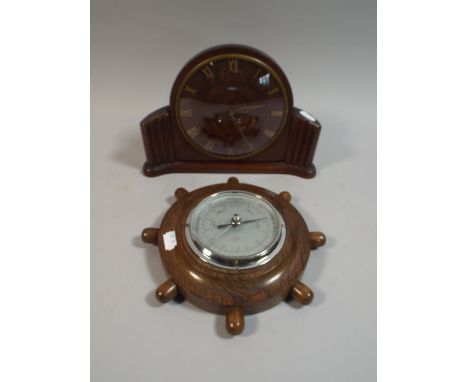 A Metamec Edwardian Walnut Mantle Clock with Clockwork Movement Together with an Edwardian Oak Ships Wheel Barometer 