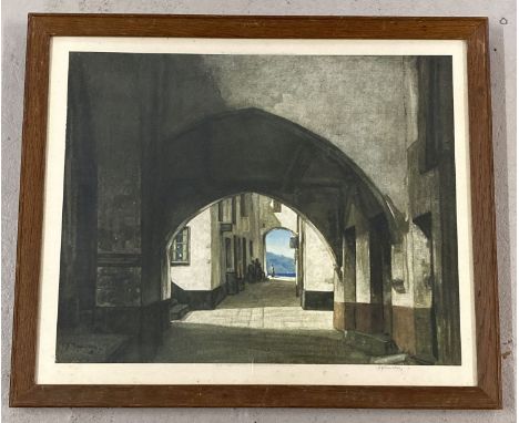 A fine art print with blind stamp of a yard scene. Artist signature to bottom right, A.Y Cameron.  Cpoyright in 1930 by Alfre