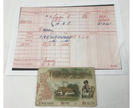 A hand written WWI military postcard sent by Private Stephen Smith 2072.  Private Smith was of the London And Irish Rifle Bri