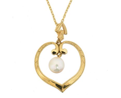 A Mikimoto cultured pearl pendant, A Mikimoto cultured pearl pendant, the cultured pearl pendant suspended within a heart sha