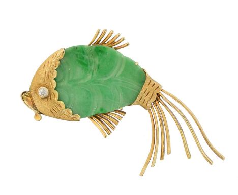 A jade and diamond brooch, A jade and diamond brooch, designed as a fish, with carved jade body and old cut diamond eye, stam