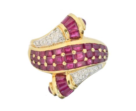 A ruby and diamond crossover ring, A ruby and diamond crossover ring, the rectangular shape ruby band with single cut diamond
