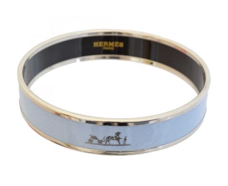 A Hermès enamel bangle bracelet, A Hermès enamel bangle bracelet, the blue enamel bangle with silver tone maker's logos and b