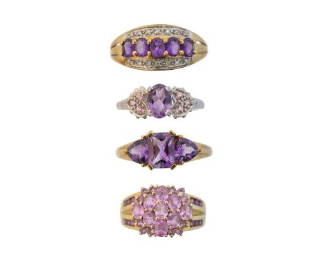 Four 9ct gold gem-set dress rings, Four 9ct gold gem-set dress rings, to include an amethyst and diamond dress ring, an ameth