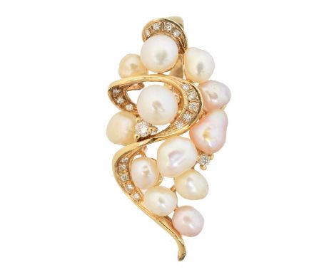 A cultured pearl and diamond pendant, A cultured pearl and diamond pendant, the cultured pearl cluster with vari-cut diamond 