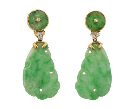 A pair of jade and diamond earrings, A pair of jade and diamond earrings, each designed as a carved jade drop suspended from 