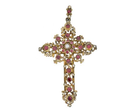 An Austro-Hungarian silver cross pendant,  An Austro-Hungarian silver cross pendant, the vari-shade enamel, split pearl and f