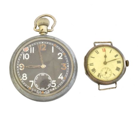 Two military watches, Two military watches, to include a pocket watch, keyless 15 jewel movement with snail for Arthur Schneg