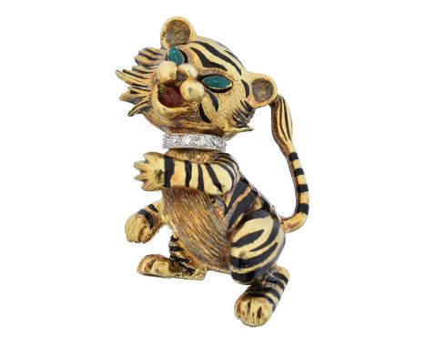 A 14ct gold diamond and enamel brooch,  A 14ct gold diamond and enamel brooch, designed as a tiger with vari-shade enamel acc