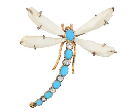 A vari-gem dragonfly brooch, A vari-gem dragonfly brooch, the dragonfly with turquiose and old cut diamond abdomen, red gem e