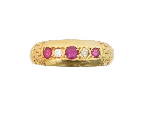 An 18ct gold ruby and diamond five stone ring, An 18ct gold ruby and diamond five stone ring, the circular shape ruby and old