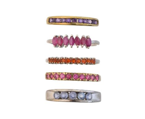 Five gem-set band rings, Five gem-set band rings, to include amethyst, ruby, and sapphire examples, four with hallmarks, one 