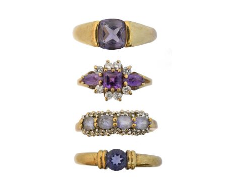 Four 9ct gold gem-set dress rings, Four 9ct gold gem-set dress rings, to include two iolite single stone rings, an iolite and