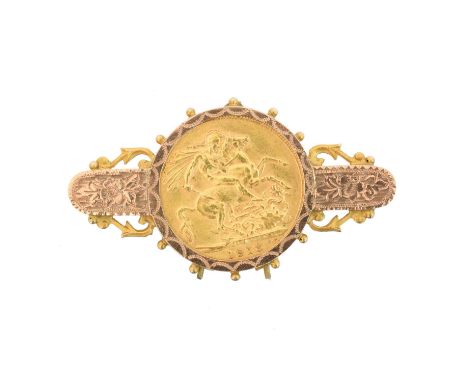 A George V sovereign brooch,  A George V sovereign brooch, the sovereign dated 1913 within a bi-colour brooch mount stamped 9
