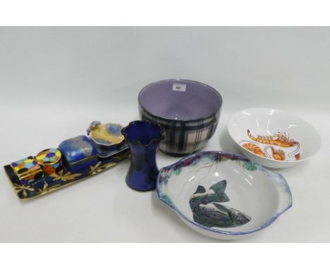 Mixed lot of modern ceramics to include a Highland stoneware serving dish, an Anta tartan planter, Copenhagen pin dish and va