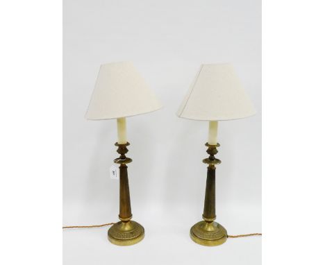 Pair of brass column table lamp bases and shades, (2) 