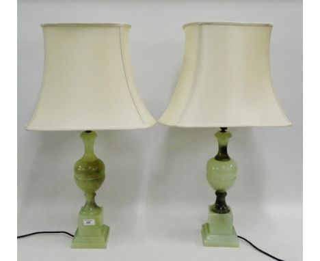 Pair of pale green alabaster table lamp bases and shades, (2) 