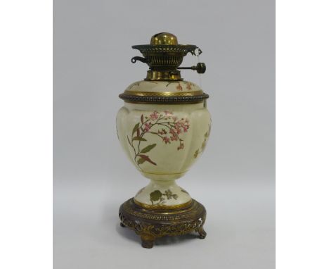 Royal Worcester blush ivory oil lamp base painted with flowers and foliage, 36cm high
