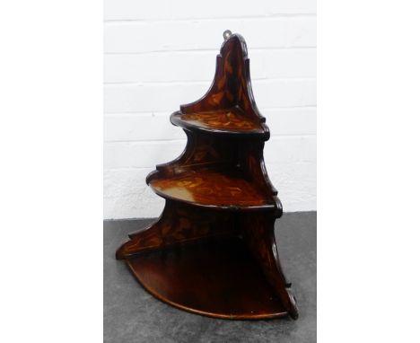 Mahogany and inlaid corner wall shelf / bracket, 52 x 45cm