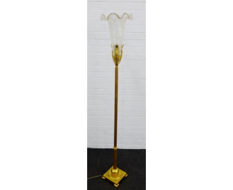 Gilt metal standard lamp with clear glass frilled rim shade with gold fleck inclusions