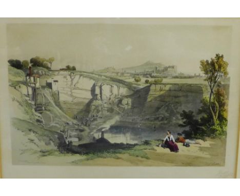"Edinburgh from Craigleith Quarry"  Coloured print in a glazed frame, 45 x 33cm 